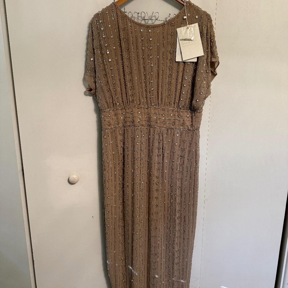 NWT Mac Duggar Beaded Cap Sleeve Empire Waist Cocktail Gown Midi Dress Mocha 12 - Picture 2 of 6